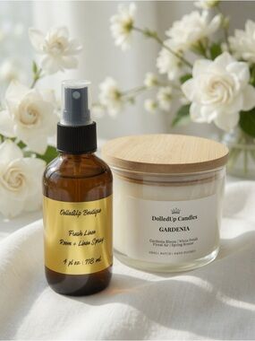 Gardenia Linen Sanctuary Set | 16oz Gardenia Candle + Linen Room Spray